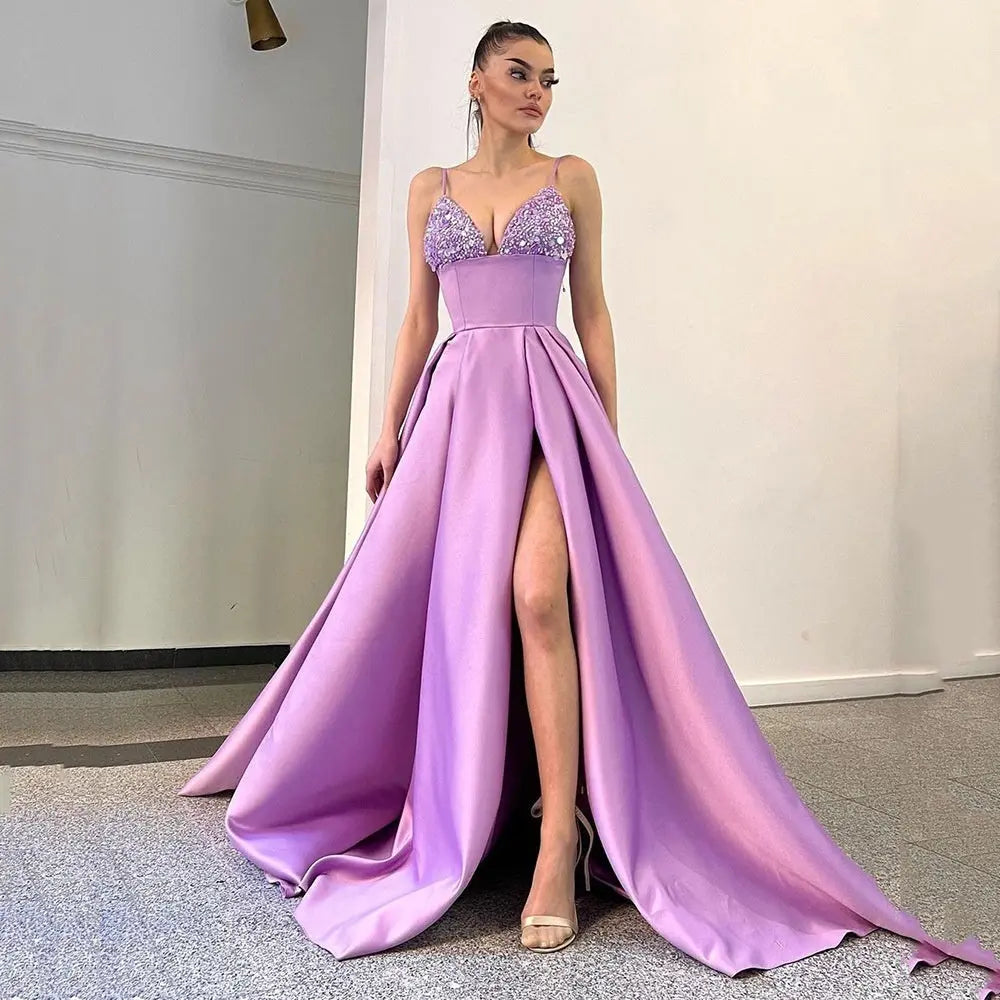 Robe Féminine à Paillettes avec Fente Profonde Décolleté V - BMYANY