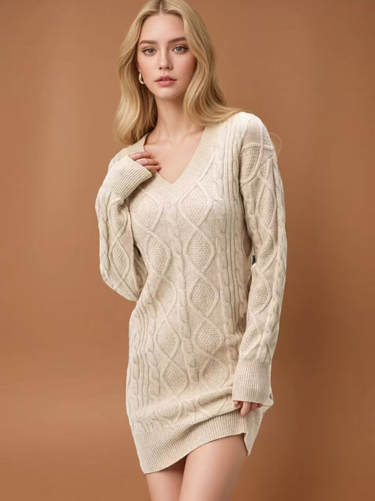 Robe Pull Tricot Col V Mi-Longue - BMYANY