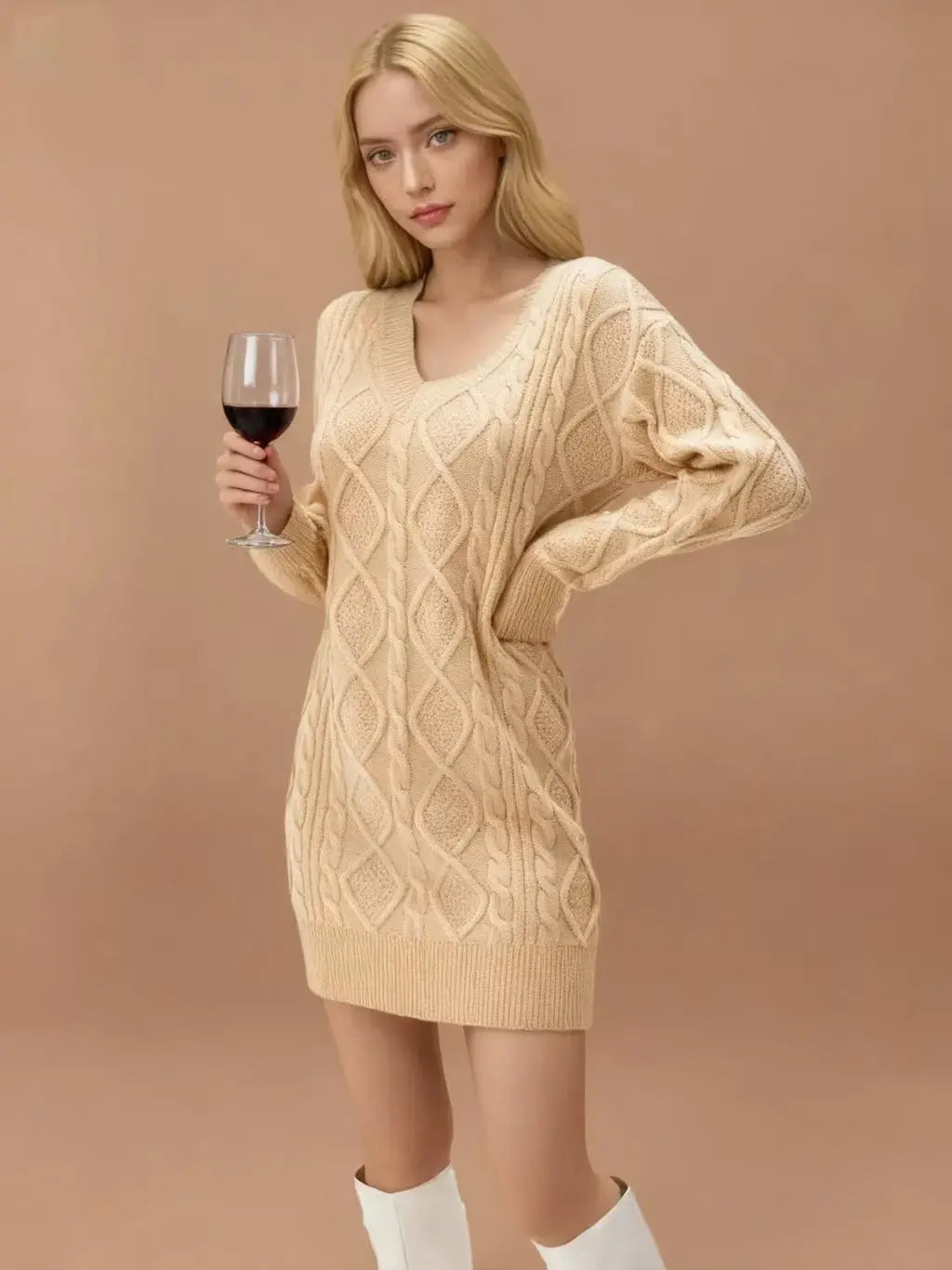 Robe Pull Tricot Col V Mi-Longue - BMYANY