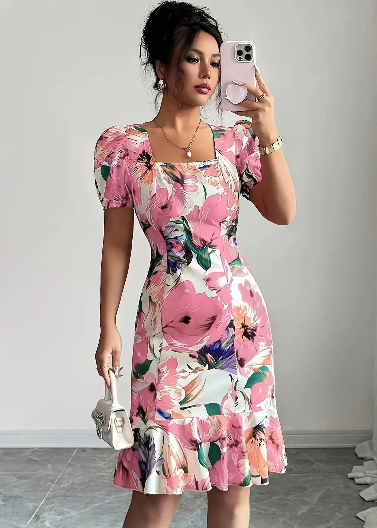 Robe Femme Rétro Col Carré Manches Bouffantes Taille Cintrée - BMYANY