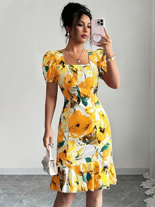 Robe Femme Rétro Col Carré Manches Bouffantes Taille Cintrée - BMYANY