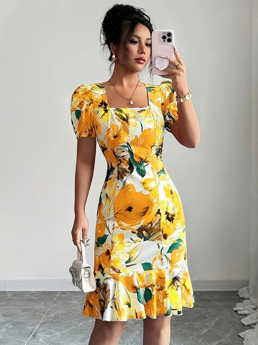 Robe Femme Rétro Col Carré Manches Bouffantes Taille Cintrée - BMYANY