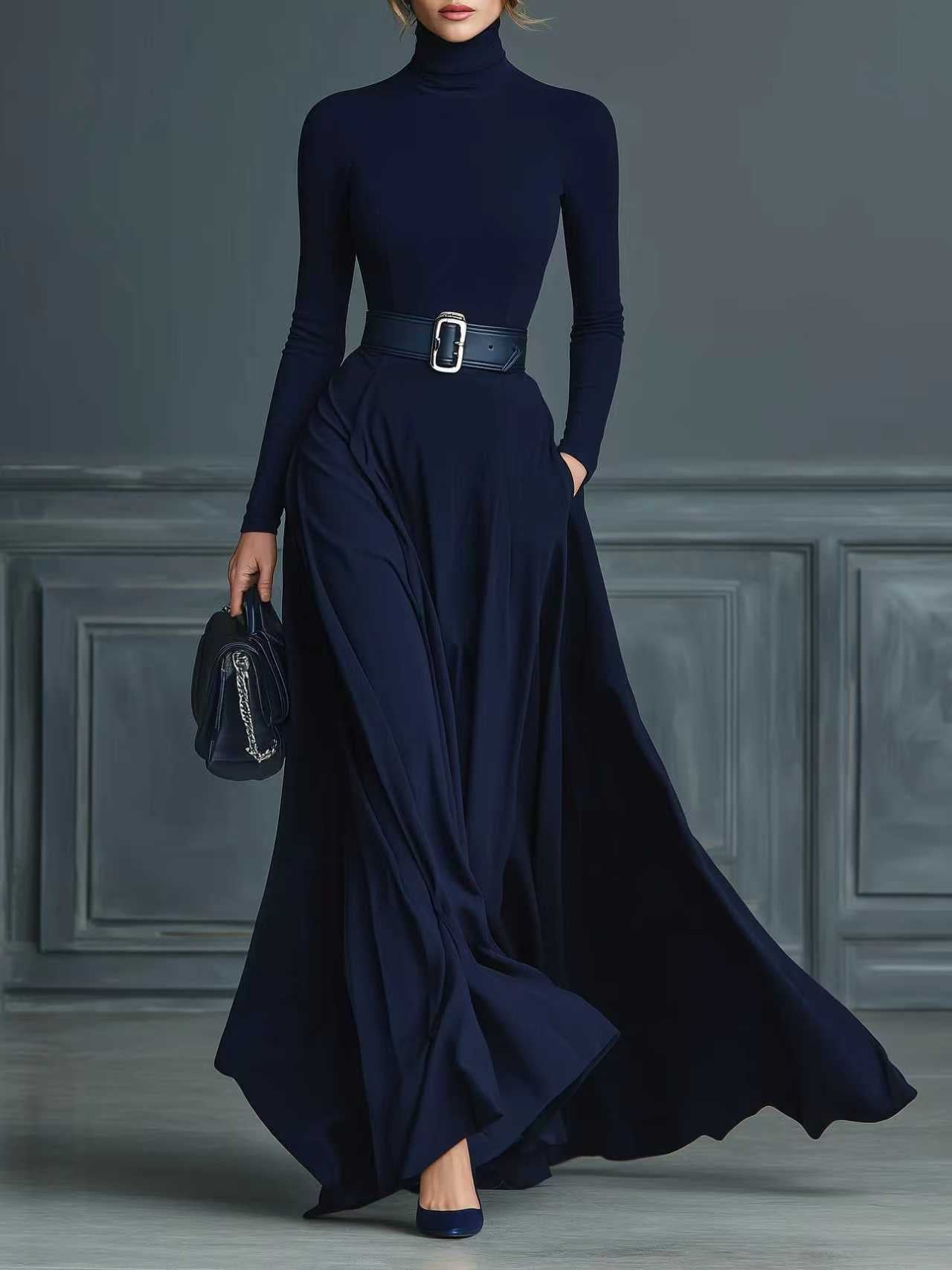 Robe Femme Unie Manches Longues Taille Cintrée - BMYANY