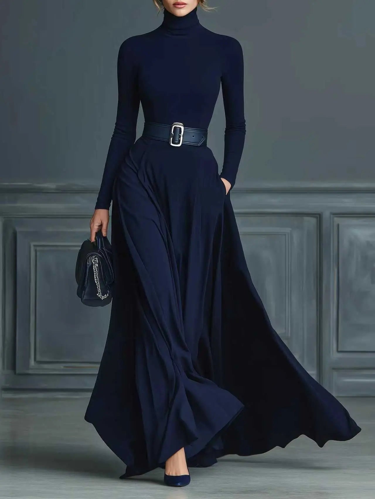 Robe Femme Unie Manches Longues Taille Cintrée - BMYANY