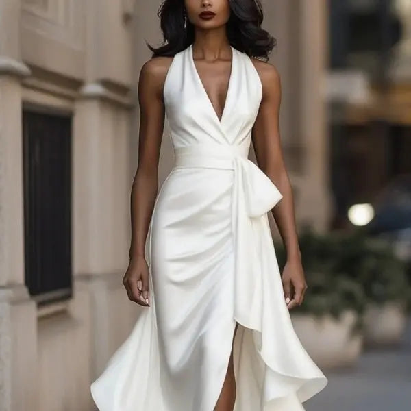 Robe Femme Élégante Col V à Volants Irréguliers - BMYANY