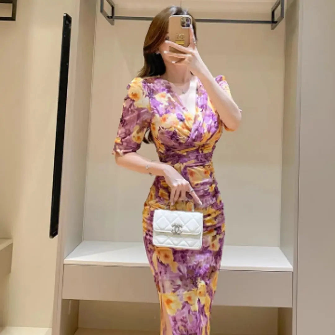 Robe Femmes Imprimé Rose Peinture à l'Huile Maille Été - BMYANY