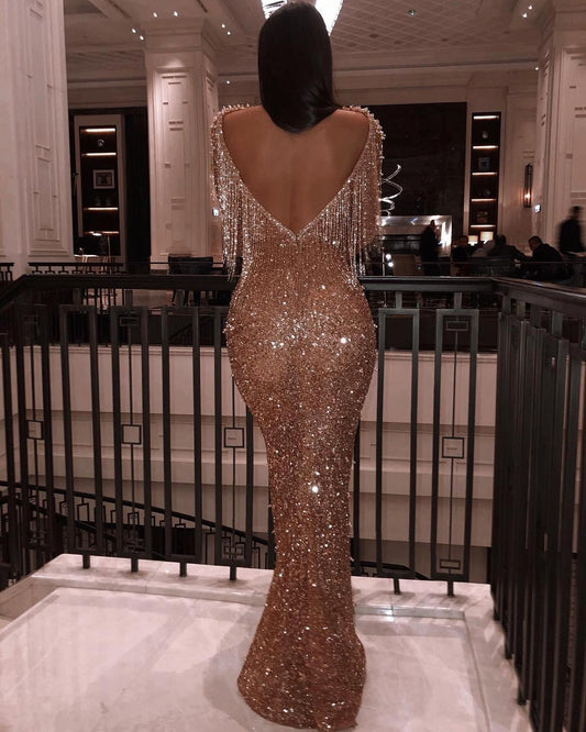 Robe Longue Dorée Paillettes Dos Nu Manches Longues Robe de Soirée Femme - BMYANY