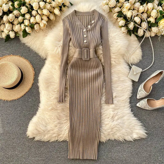 Robe Tricot Cintrée Rayures Ajourées avec Ceinture - BMYANY