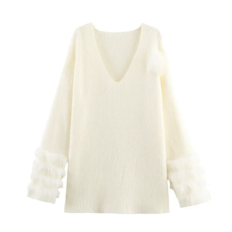 Robe Tricot Femme Col V Manches Longues Casual Douce - BMYANY