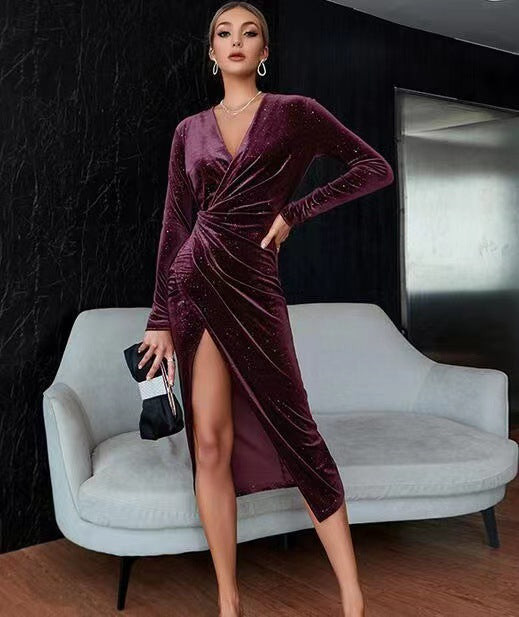 Robe de soirée jupe asymétrique à col en V pour femmes en velours doré - BMYANY