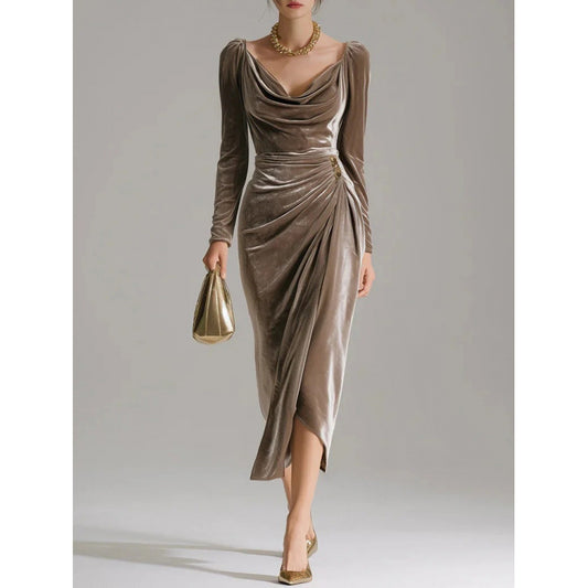 Robe en velours plissé à manches longues - BMYANY