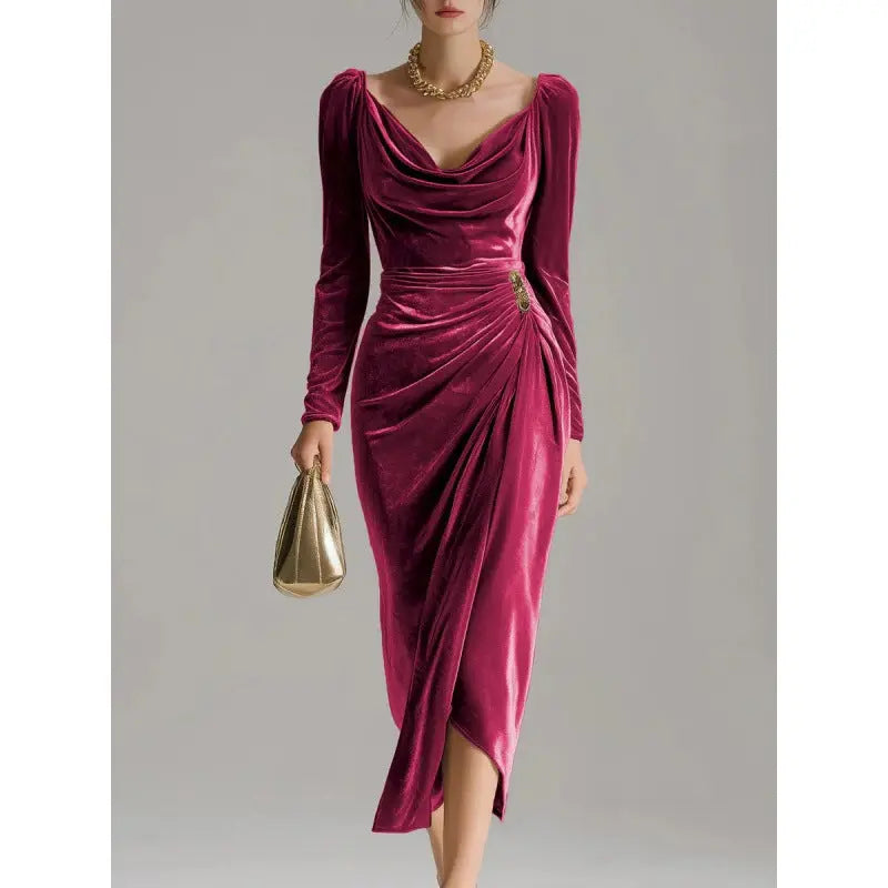 Robe en velours plissé à manches longues - BMYANY