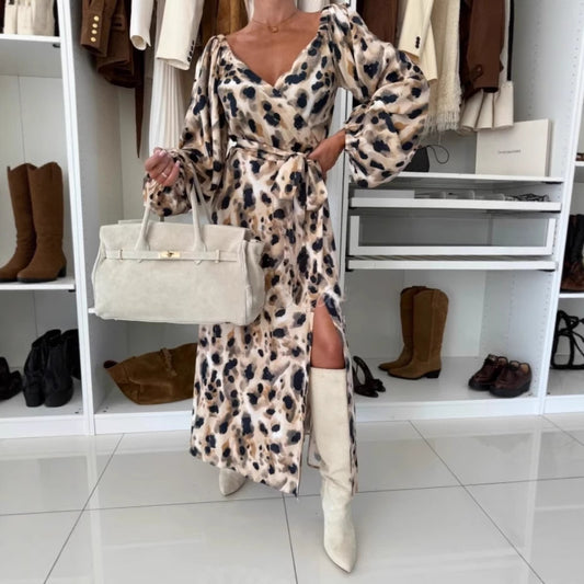 Robe femme imprimée manches longues - taille cintrée fente latérale - BMYANY
