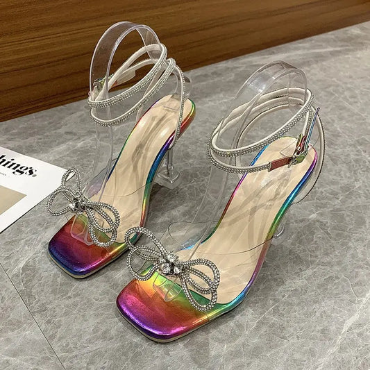 Crystal Clear Wine Glass And Rhinestone Bow Sandals For Women - BMYANY
