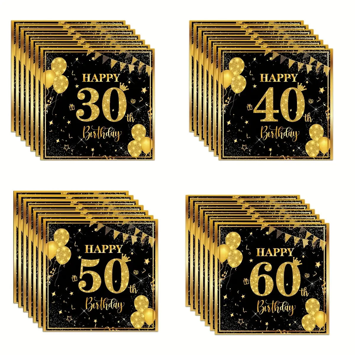 Serviettes Anniversaire Noir et Or - 50 Pièces - BMYANY