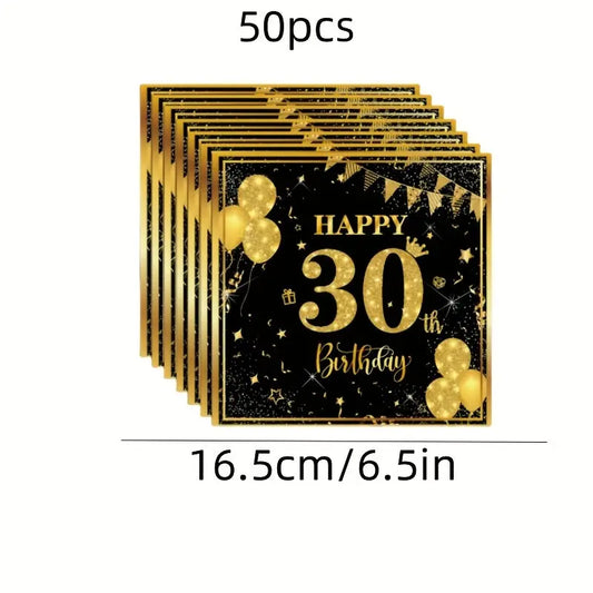 Serviettes Anniversaire Noir et Or - 50 Pièces - BMYANY