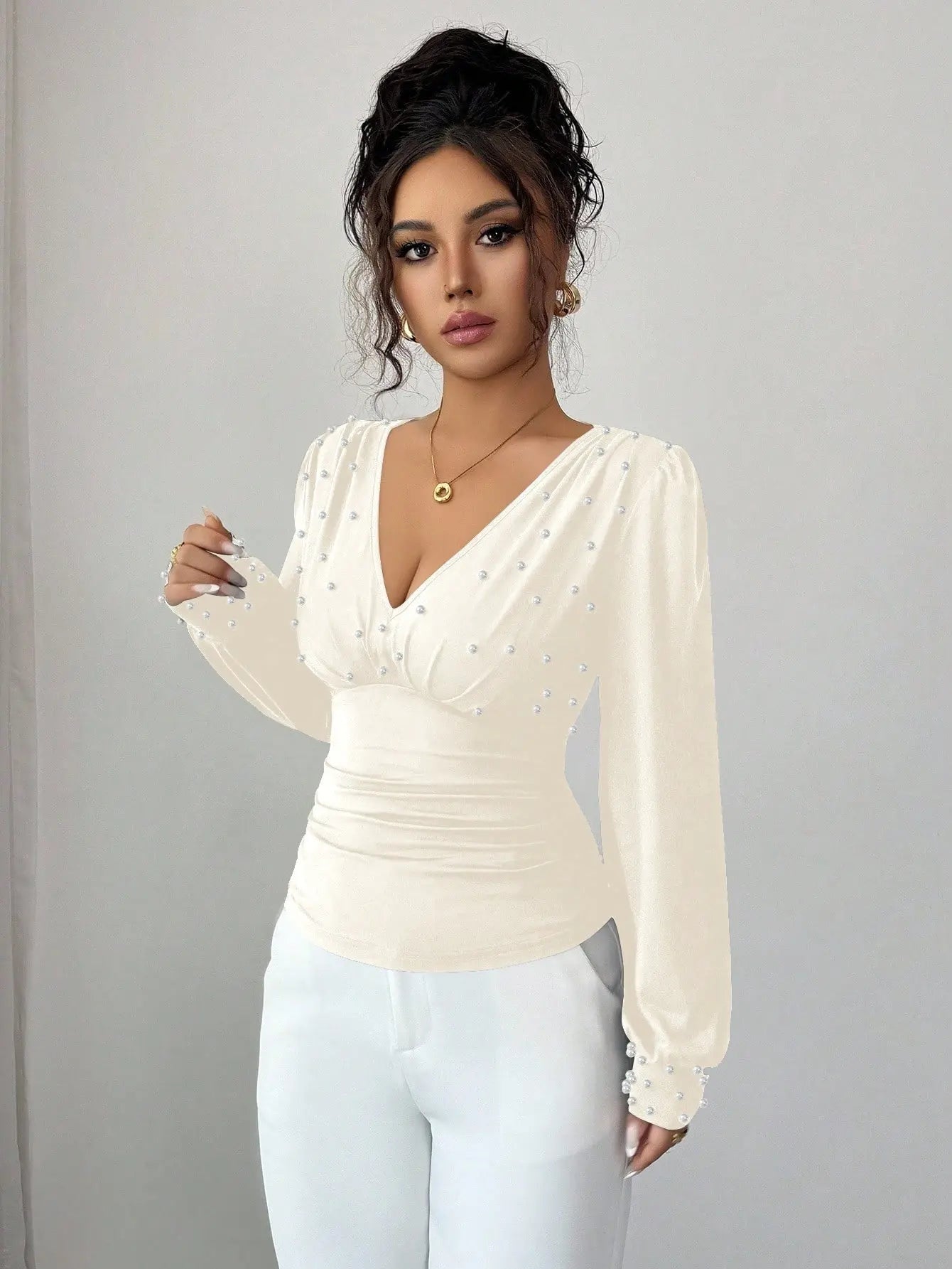 T-shirt Ajusté à Manches Longues Col en V pour Femme - BMYANY