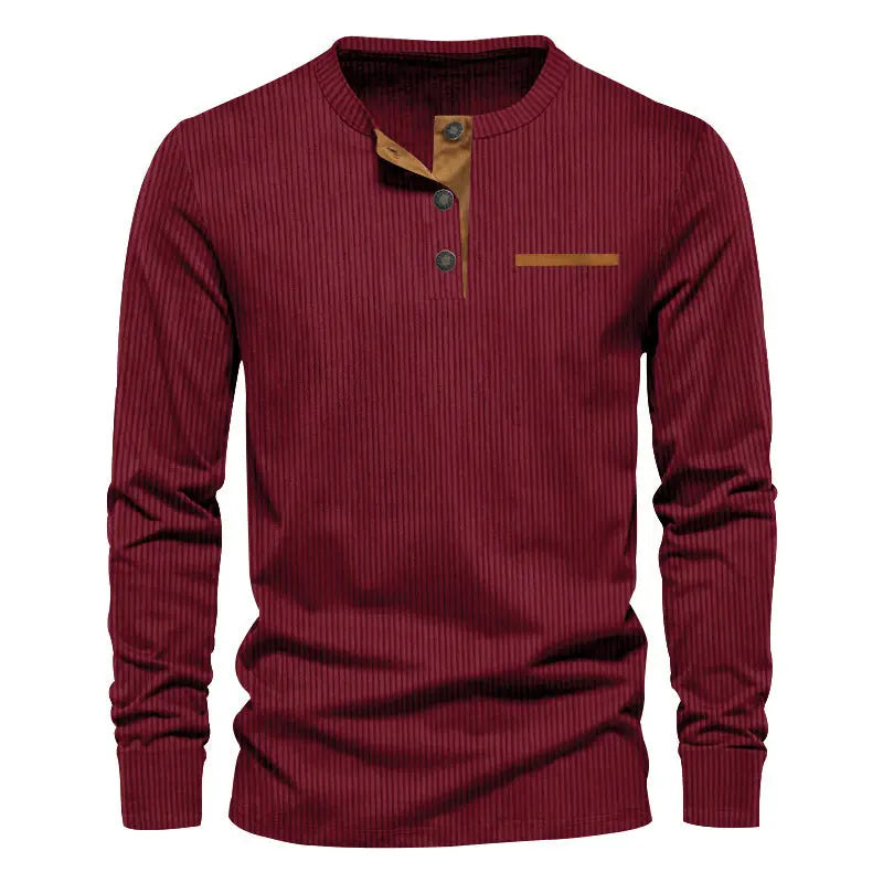 T-shirt Homme Manches Longues Velours Côtelé Col Henley Slim - BMYANY