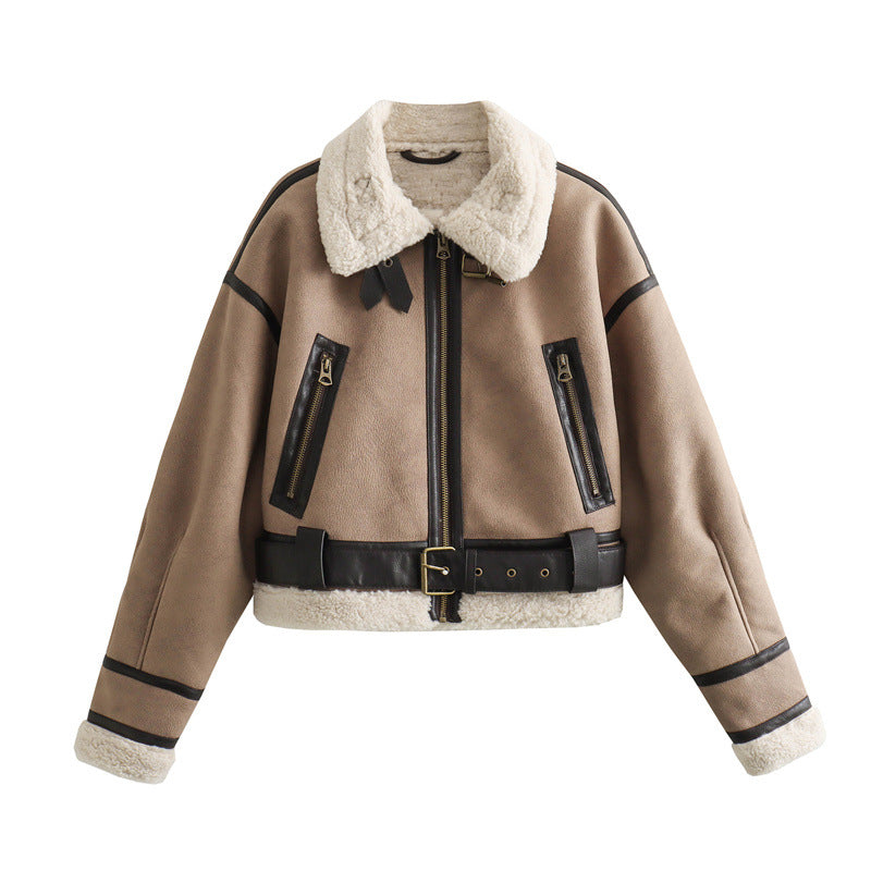 Veste Femme Oversize Laine dâAgneau et Simili Cuir Manches Longues - BMYANY
