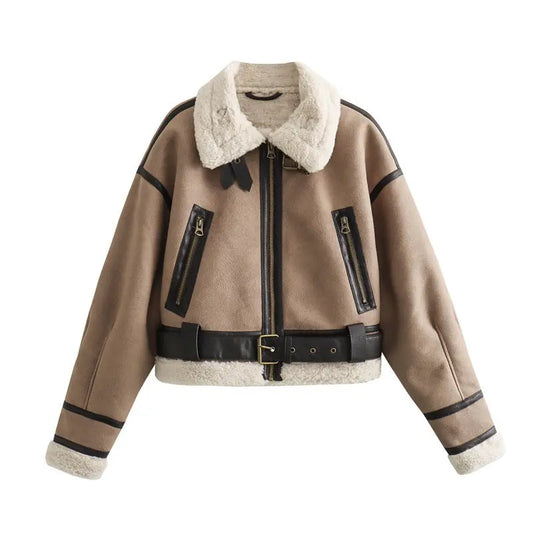 Veste Femme Oversize Laine d’Agneau et Simili Cuir Manches Longues - BMYANY