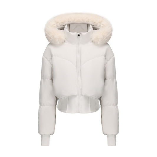 Veste courte en coton à capuche à large col en fourrure moulante pour femmes - BMYANY