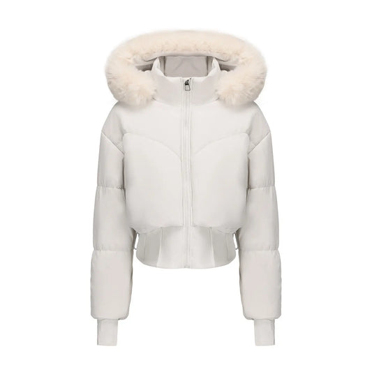 Veste courte en coton à capuche à large col en fourrure moulante pour femmes - BMYANY