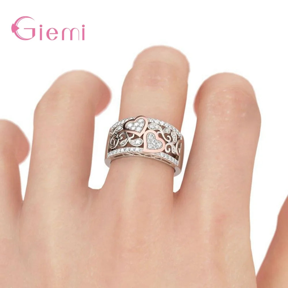 Coeur et âme 925 argent sterling zircon cubique bague de doigt pour femmes fille doux cadeau bijoux ornement