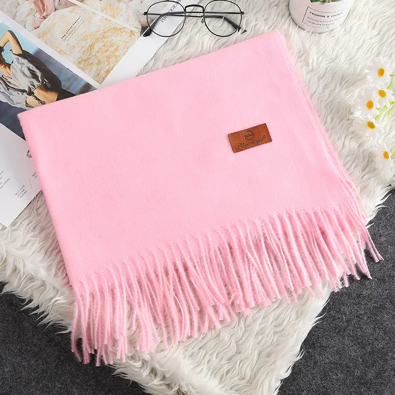 Écharpe Cachemire Couleur Unie Pompons Femme - Douce et Chaude - BMYANY