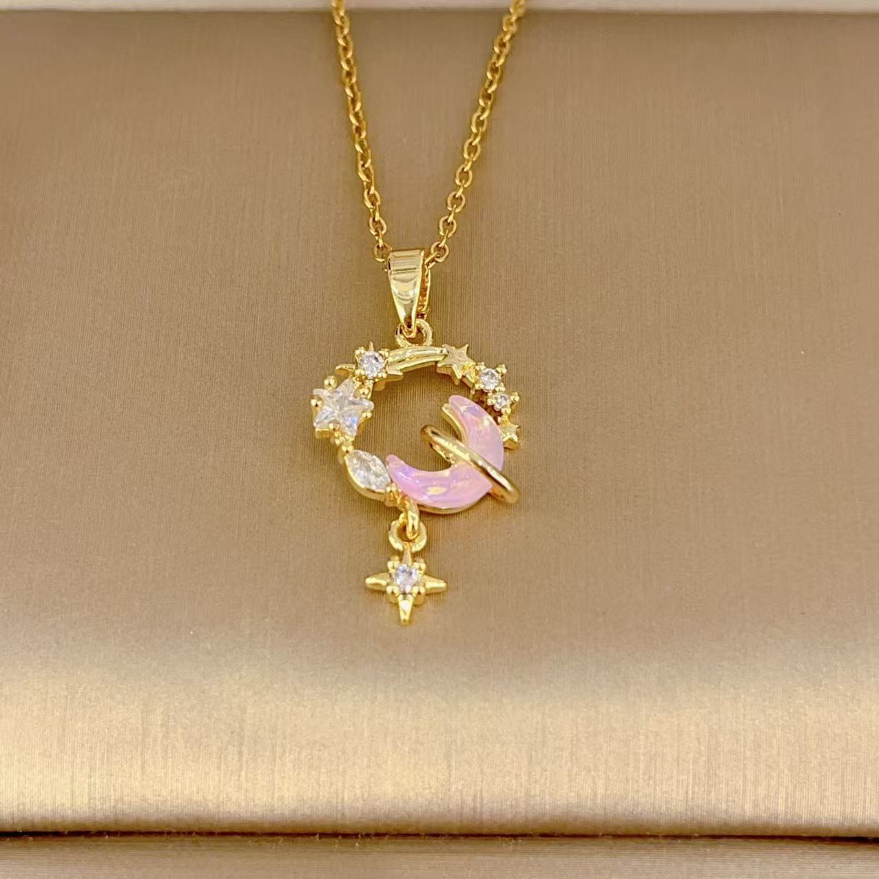 Collier Lune Zirconium Micro Serti Luxe Discret Femme Doré - BMYANY