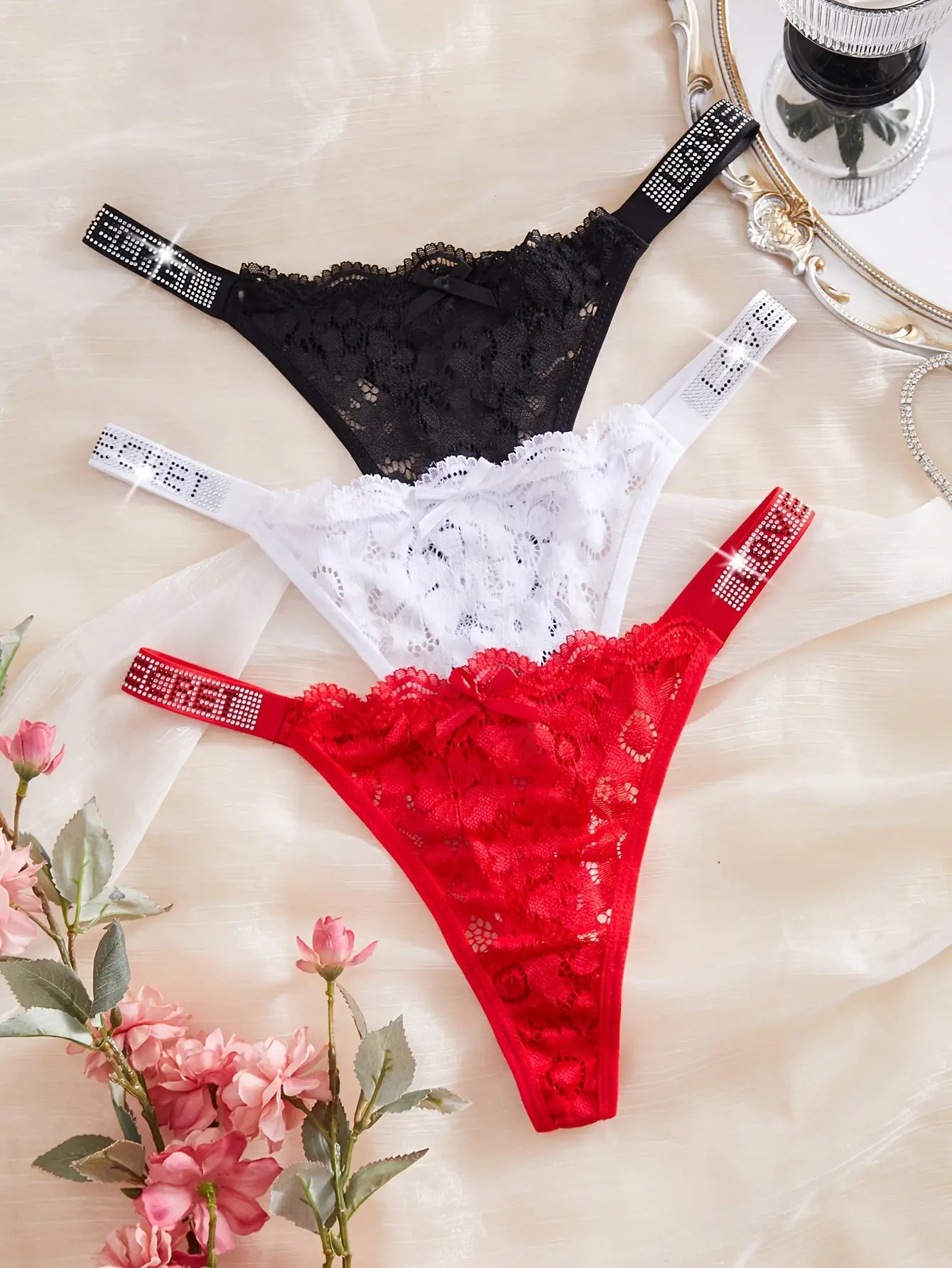 3 pièces - string à basse taille - dentelle sexy sans couture - motif lettre - brique d'eau - confortable - semi-transparent Dropshipman
