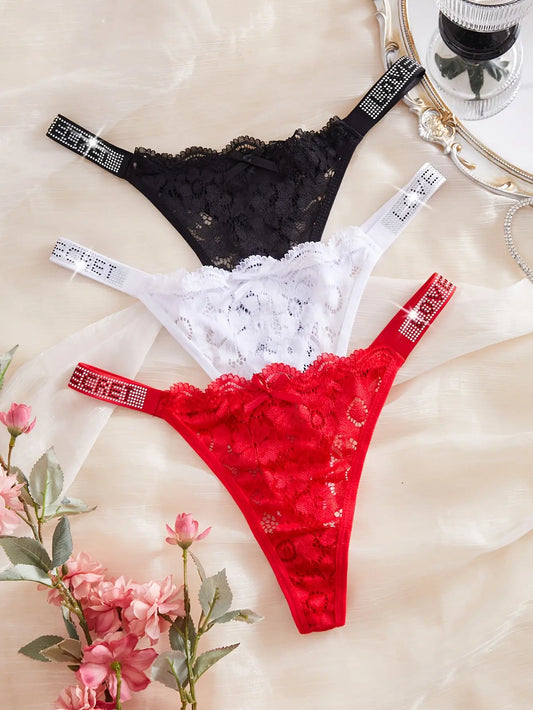 3 pièces - string à basse taille - dentelle sexy sans couture - motif lettre - brique d'eau - confortable - semi-transparent Dropshipman
