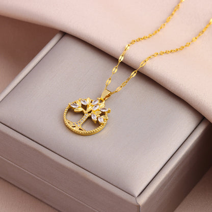 Retro Casual Copper Inlaid Zircon Gold Plated Tree Of Life Pendant