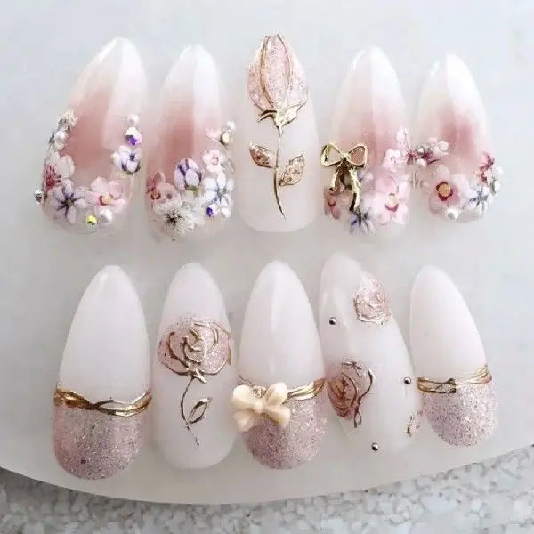 24 Faux Ongles Longs Amande - Fleurs Aurora Effet Holographique - BMYANY