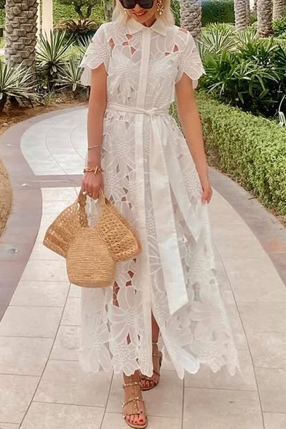 Casual Lace Cardigan Single-breasted Dress