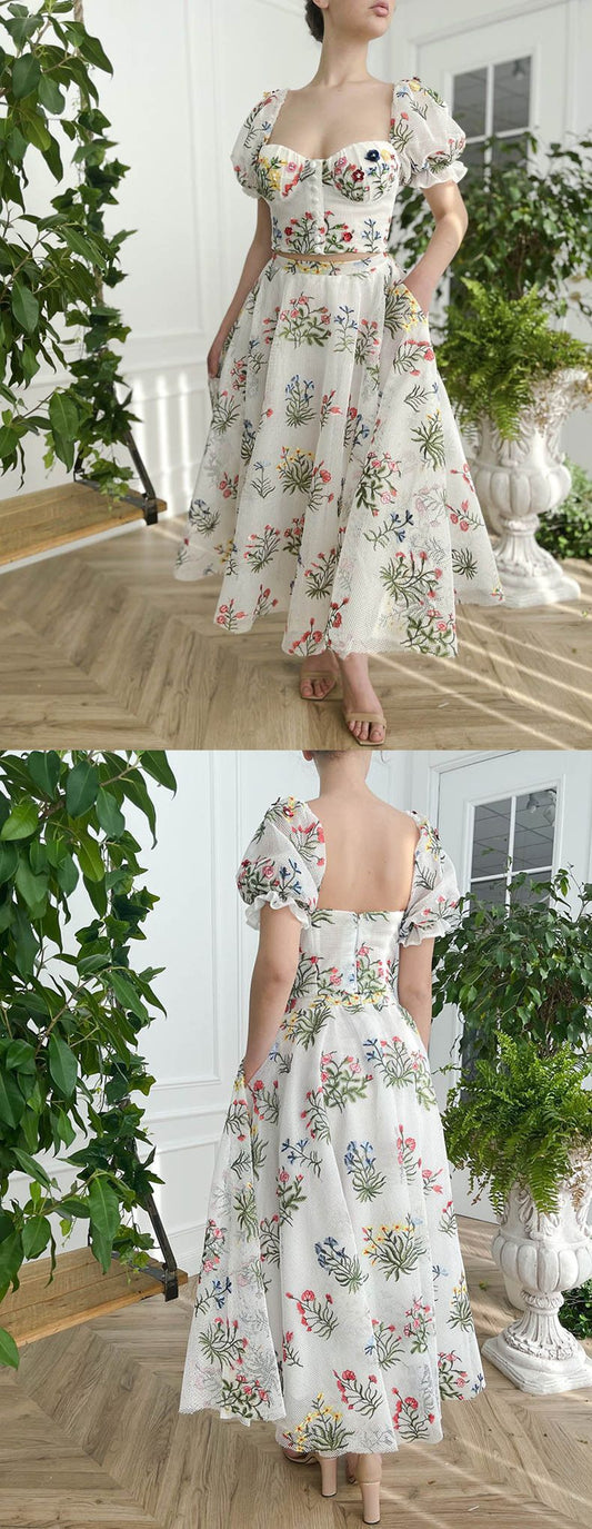 Ensemble 2 pièces femme broderie florale blanc - top dos nu + jupe taille ajustée