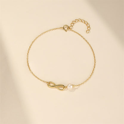 Women's Sterling Silver Glossy Eight-character Chain Pearl Bracelet