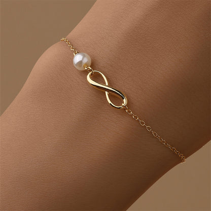 Women's Sterling Silver Glossy Eight-character Chain Pearl Bracelet