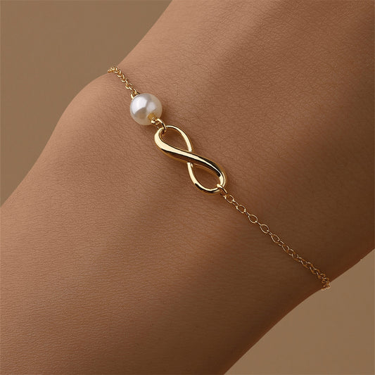 Women's Sterling Silver Glossy Eight-character Chain Pearl Bracelet