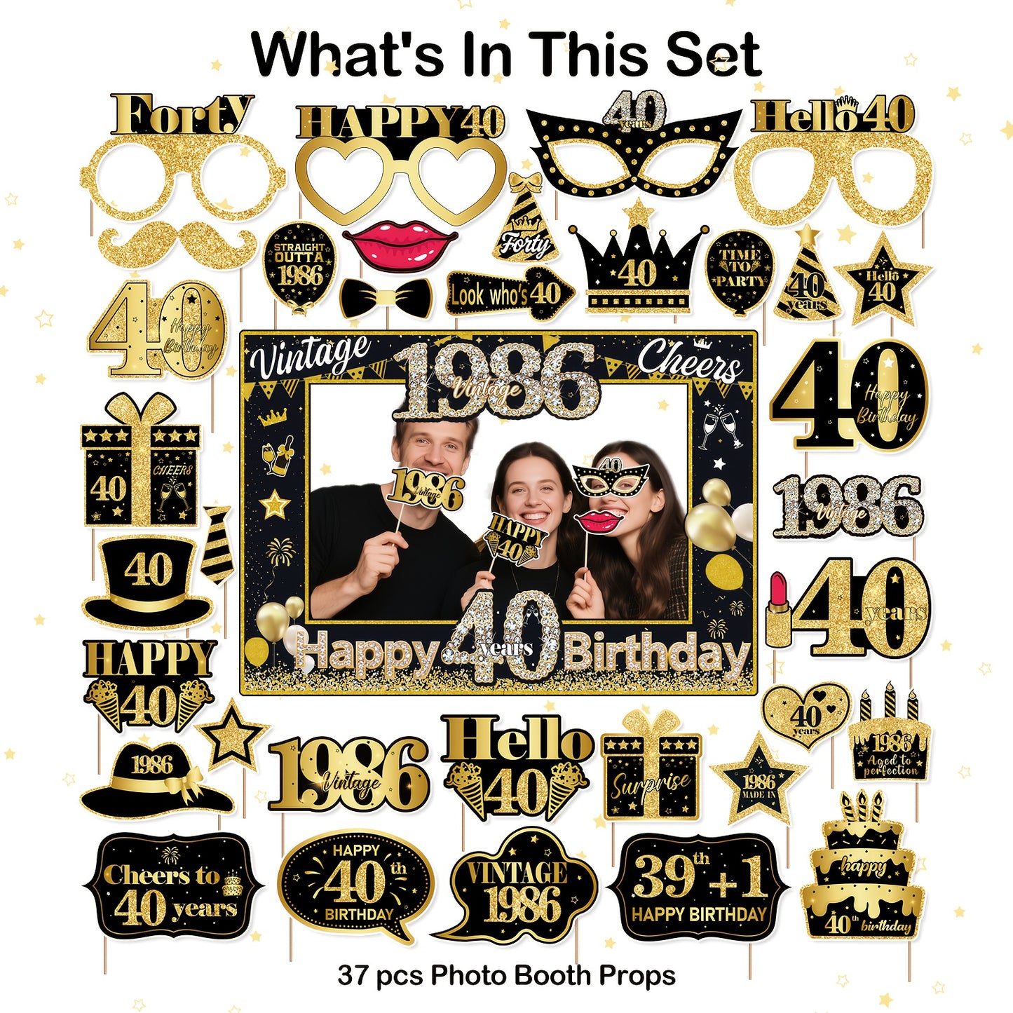 40th Birthday Decorations, Black and Gold - 37 Pieces