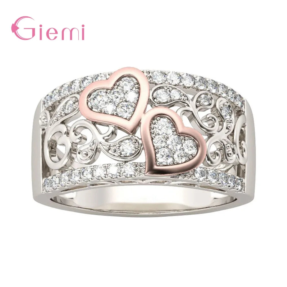 Coeur et âme 925 argent sterling zircon cubique bague de doigt pour femmes fille doux cadeau bijoux ornement