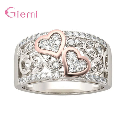 Coeur et âme 925 argent sterling zircon cubique bague de doigt pour femmes fille doux cadeau bijoux ornement
