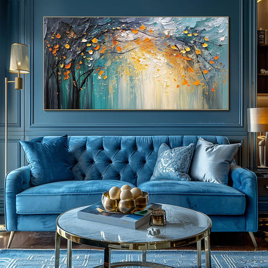 Colorful Handmade Abstract Forest Knife Thick Wall Art On Canvas Hand Drawn New Blue And Golden Yellow Oil Painting For Home Decor