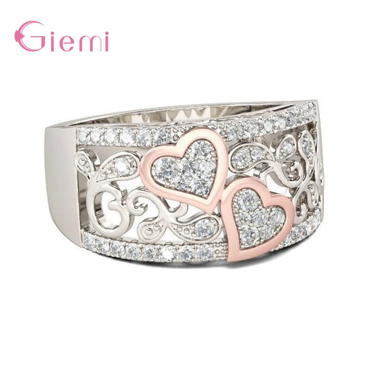 Coeur et âme 925 argent sterling zircon cubique bague de doigt pour femmes fille doux cadeau bijoux ornement