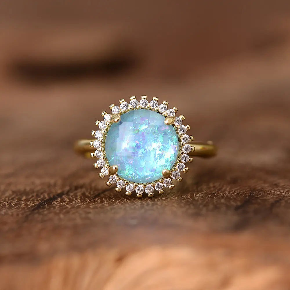 Bague Ajustable Opale Bleue Zircon Sertie de Diamants - BMYANY