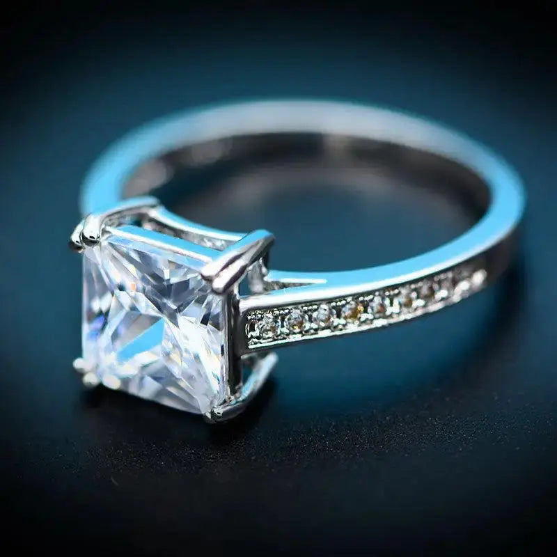 Bague Princesse Carrée Zircone Cubique 8,8mm Plaqué Or Blanc - BMYANY