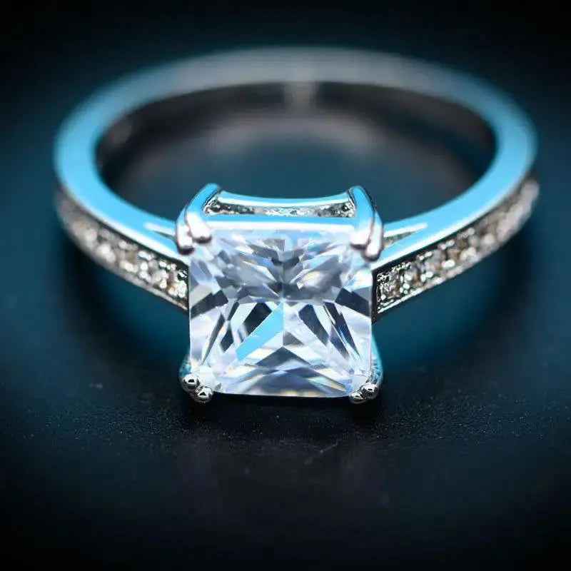 Bague Princesse Carrée Zircone Cubique 8,8mm Plaqué Or Blanc - BMYANY