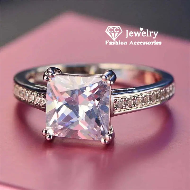 Bague Princesse Carrée Zircone Cubique 8,8mm Plaqué Or Blanc - BMYANY