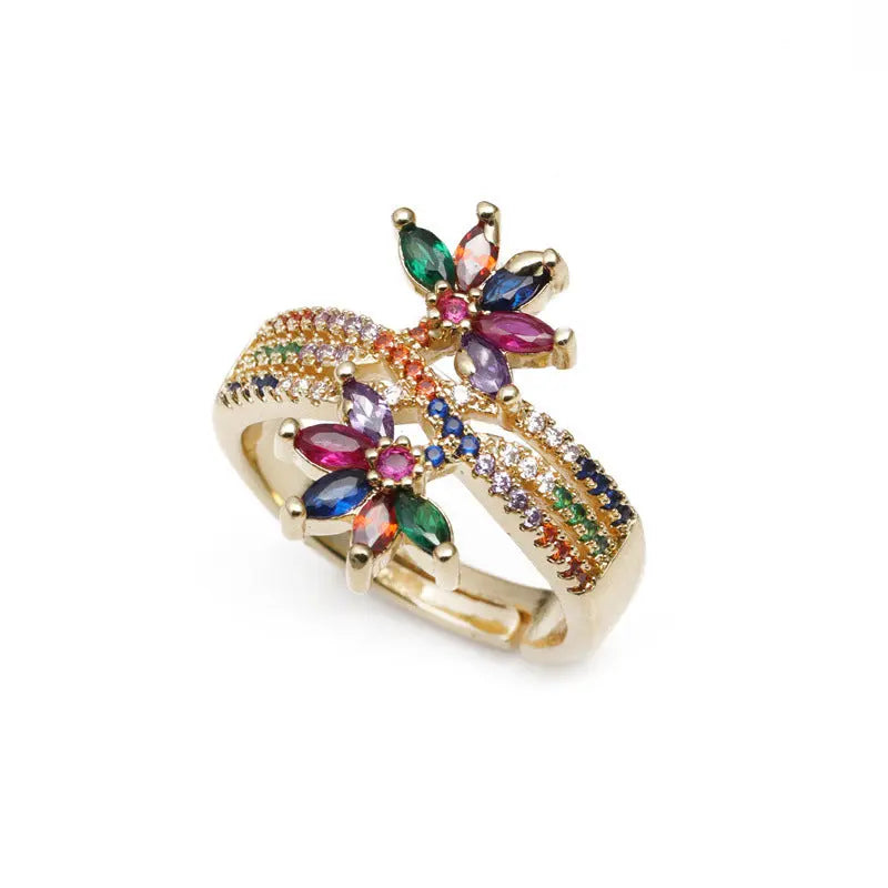 Bague Réglable Fleur Zircon - Anneau Ouvert Cuivre Femme - BMYANY