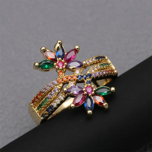 Bague Réglable Fleur Zircon - Anneau Ouvert Cuivre Femme - BMYANY