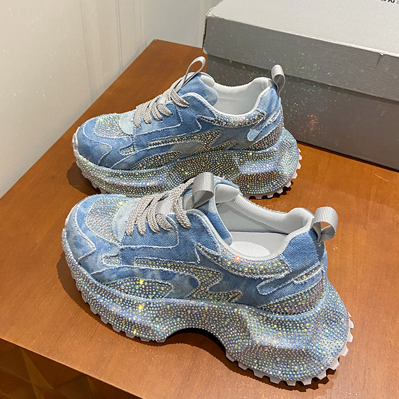 Baskets Plateforme Femme Paillettes Diamant Violet Daim Luxe - BMYANY